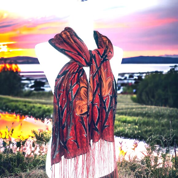 Vintage Large Floral Red Black Silver Burn Out Scarf Shawl Wrap w Fringe - Picture 4 of 5